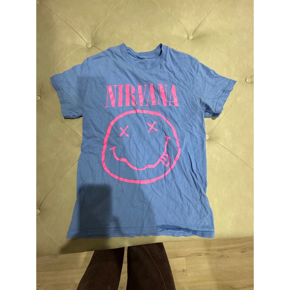 Nirvana Smiley Face Graphic Tee Blue Pink Cotton Short Sleeve T-Shirt Small